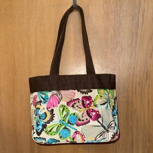 Thirty-one Butterfly Flutter Print Canvas Tote Bag with Brown Accents Pockets